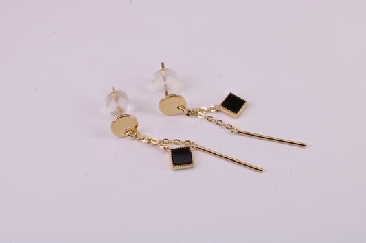 35 mm Long Black Onyx Set Dropper Stud Earrings, Solid Silver with Yellow Gold Plating