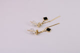 35 mm Long Black Onyx Set Dropper Stud Earrings, Solid Silver with Yellow Gold Plating