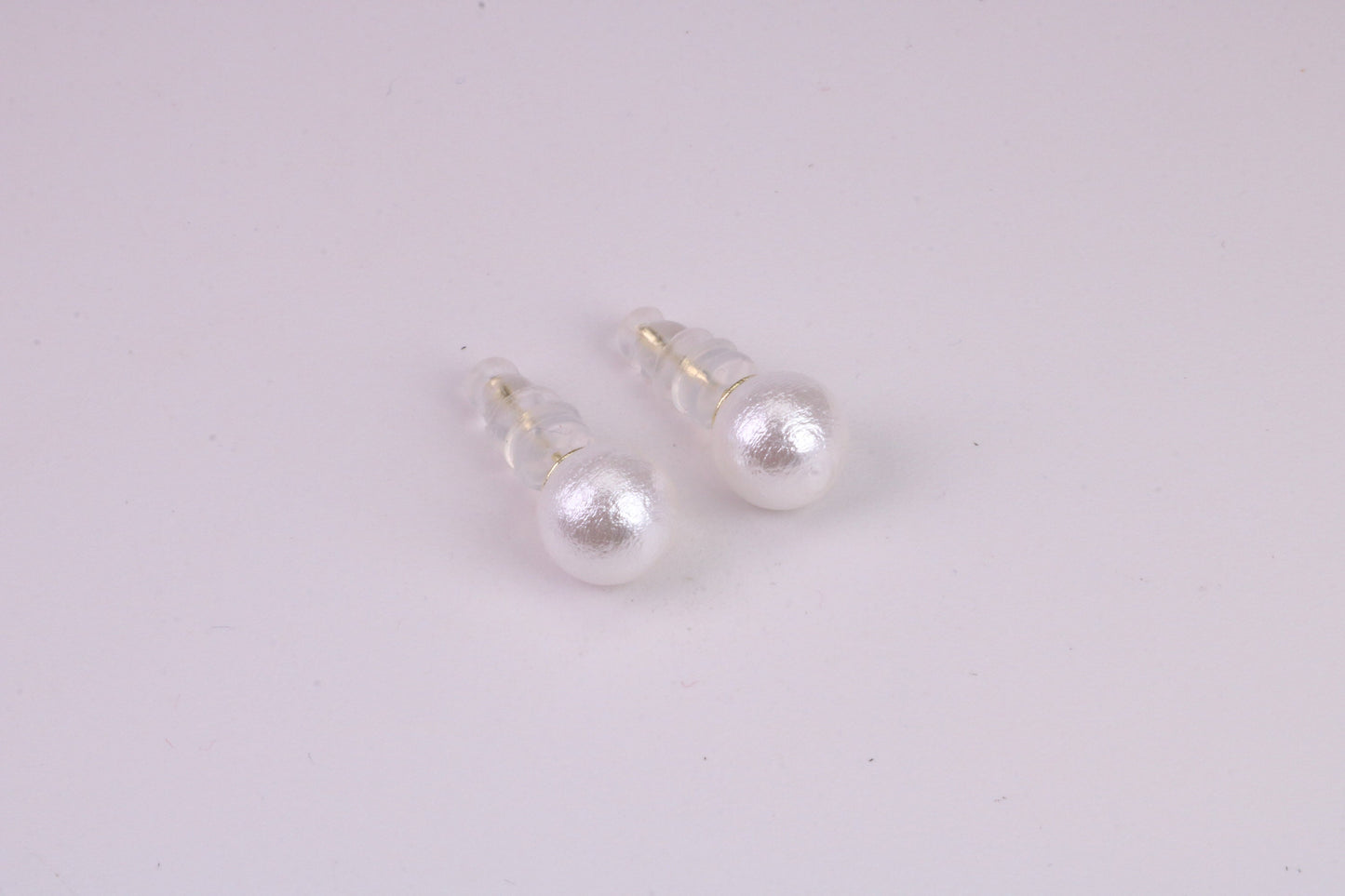 Natural 8 mm Round Pearl set Stud Earrings, set in Solid Silver, 18ct Yellow Gold Pated, Comfortable Rubber Backings