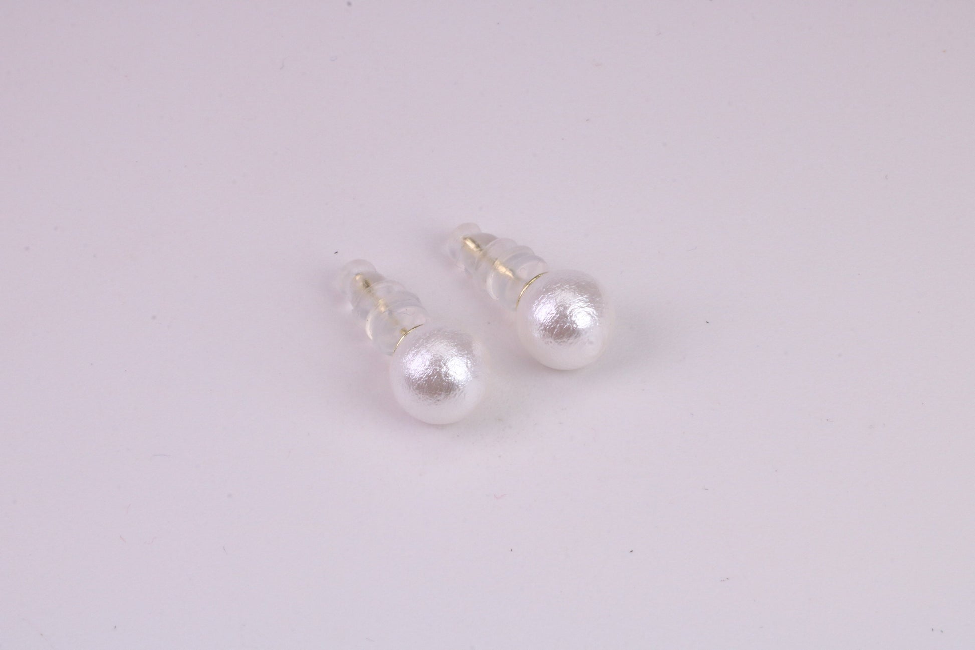 Natural 8 mm Round Pearl set Stud Earrings, set in Solid Silver, 18ct Yellow Gold Pated, Comfortable Rubber Backings