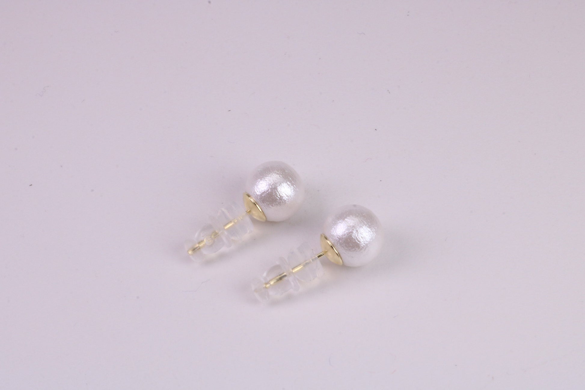 Natural 8 mm Round Pearl set Stud Earrings, set in Solid Silver, 18ct Yellow Gold Pated, Comfortable Rubber Backings