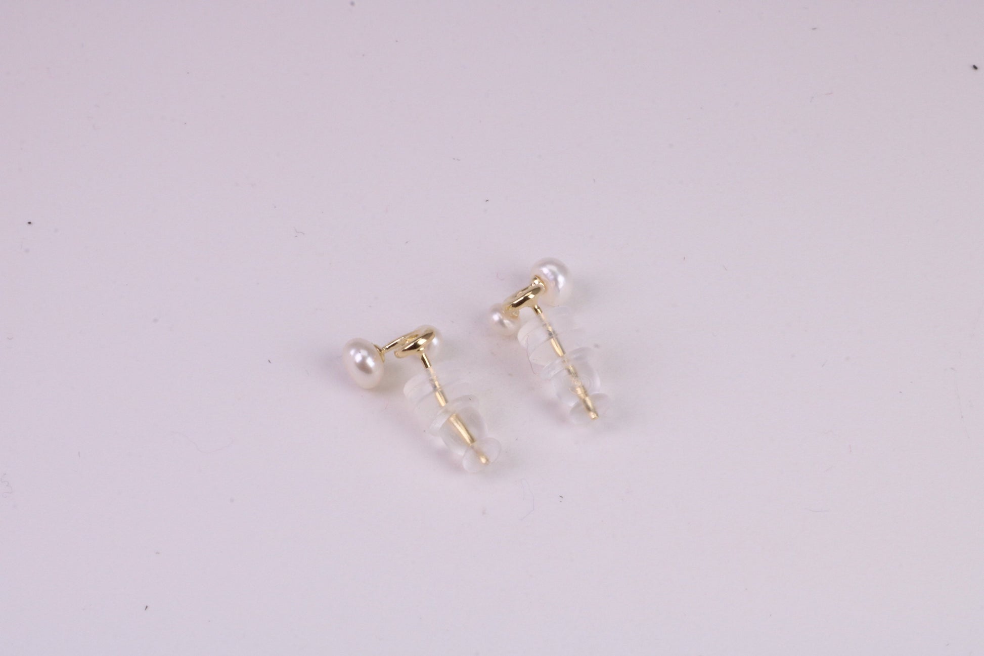Natural Round Pearl set Stud Earrings, set in Solid Silver, 18ct Yellow Gold Pated, Comfortable Rubber Backings