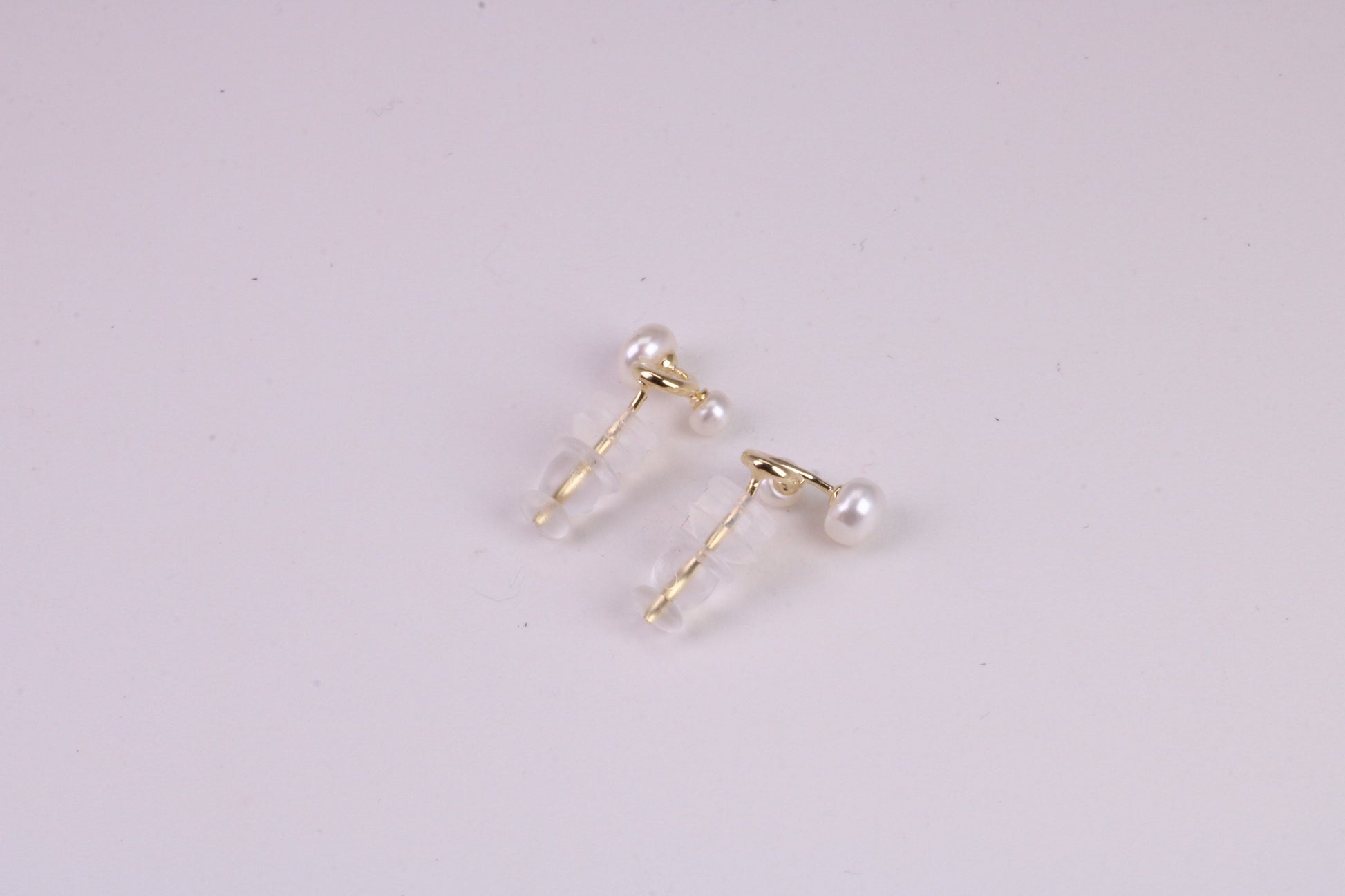 Natural Round Pearl set Stud Earrings, set in Solid Silver, 18ct Yellow Gold Pated, Comfortable Rubber Backings