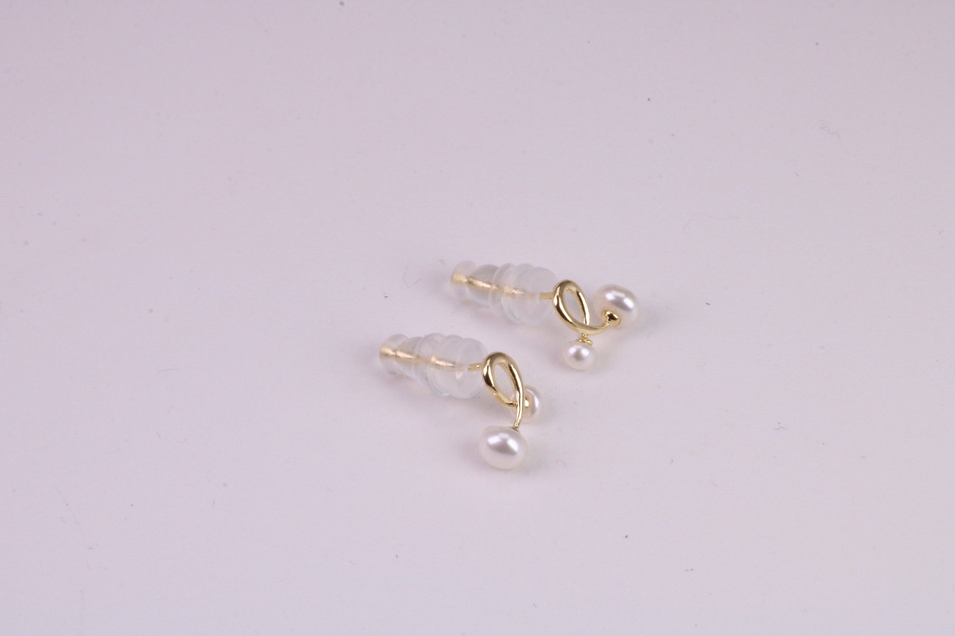 Natural Round Pearl set Stud Earrings, set in Solid Silver, 18ct Yellow Gold Pated, Comfortable Rubber Backings