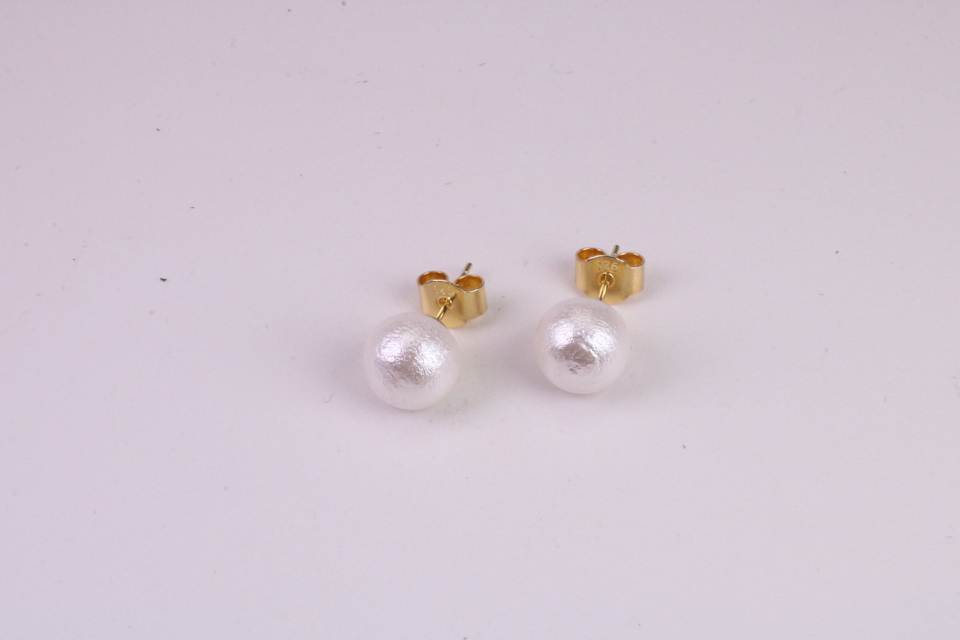 Natural 8 mm Round Pearl set Stud Earrings, set in Solid Silver, 18ct Yellow Gold Pated