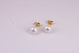 Natural 8 mm Round Pearl set Stud Earrings, set in Solid Silver, 18ct Yellow Gold Pated