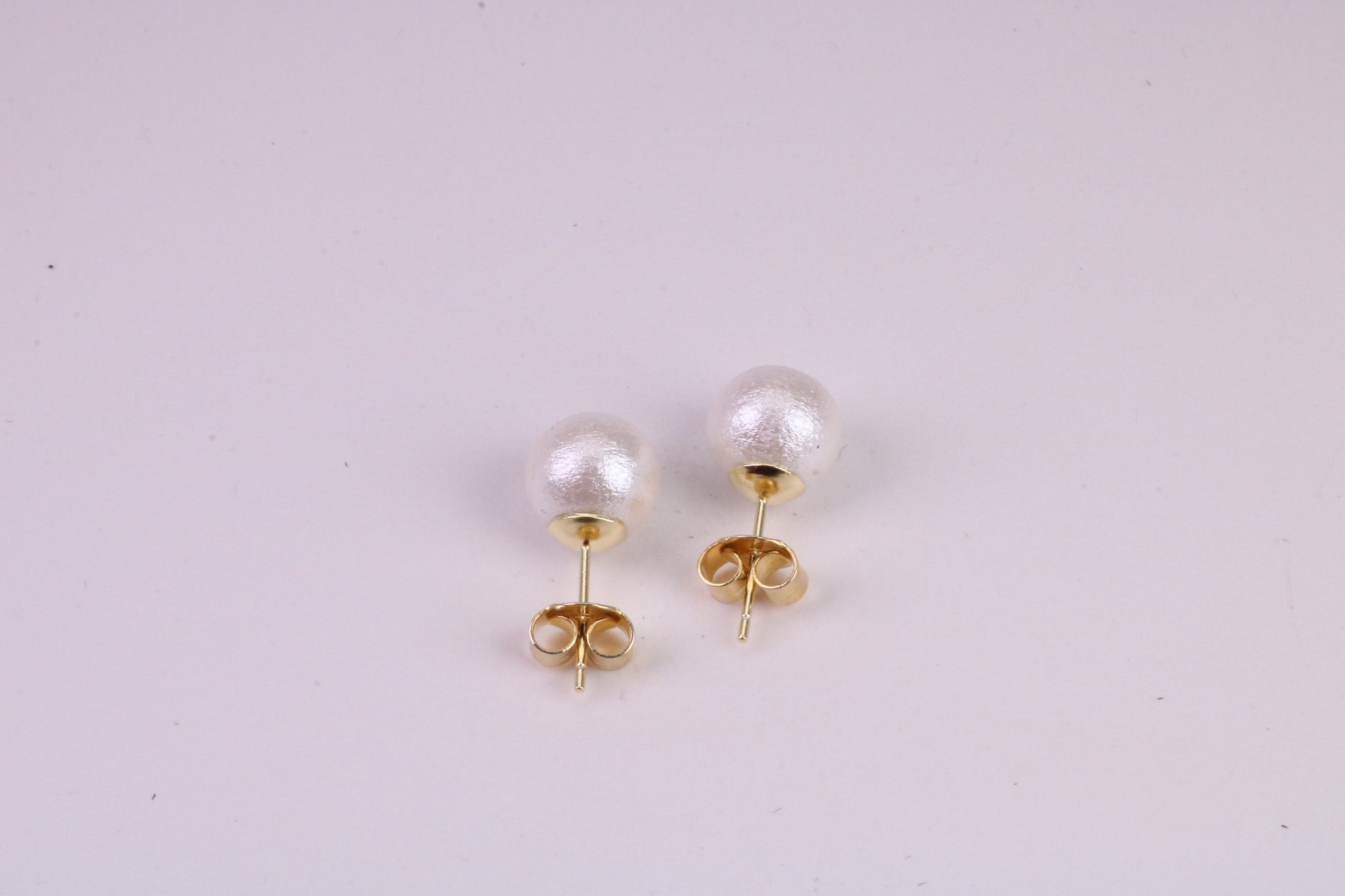 Natural 8 mm Round Pearl set Stud Earrings, set in Solid Silver, 18ct Yellow Gold Pated