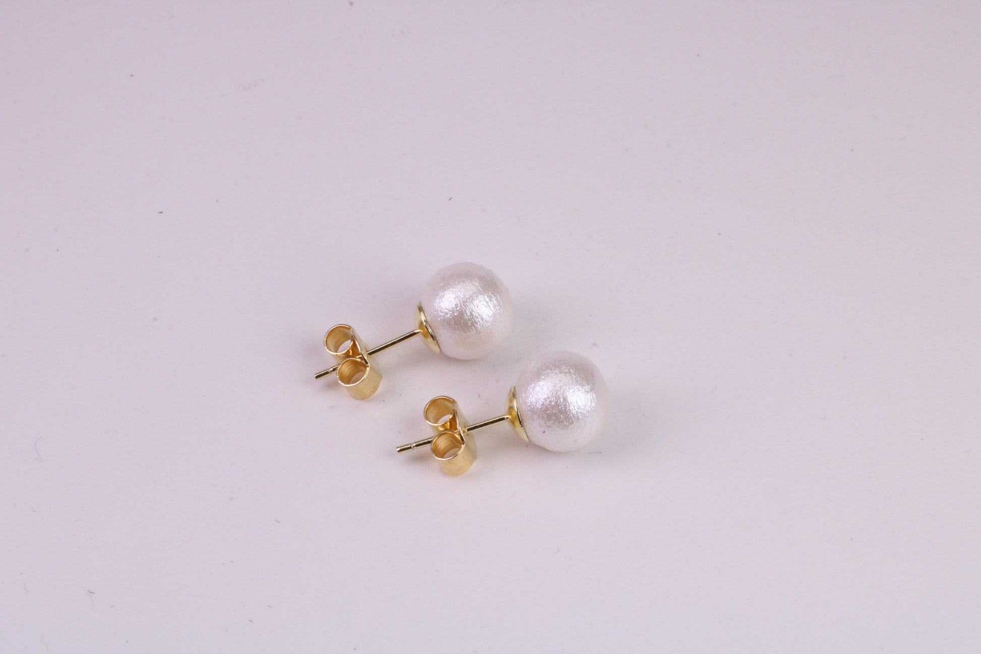 Natural 8 mm Round Pearl set Stud Earrings, set in Solid Silver, 18ct Yellow Gold Pated