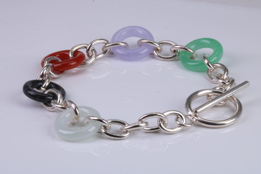 Real Multi Colour Jade set Bracelet, made from solid Sterling Silver, 7.50 Inches Long