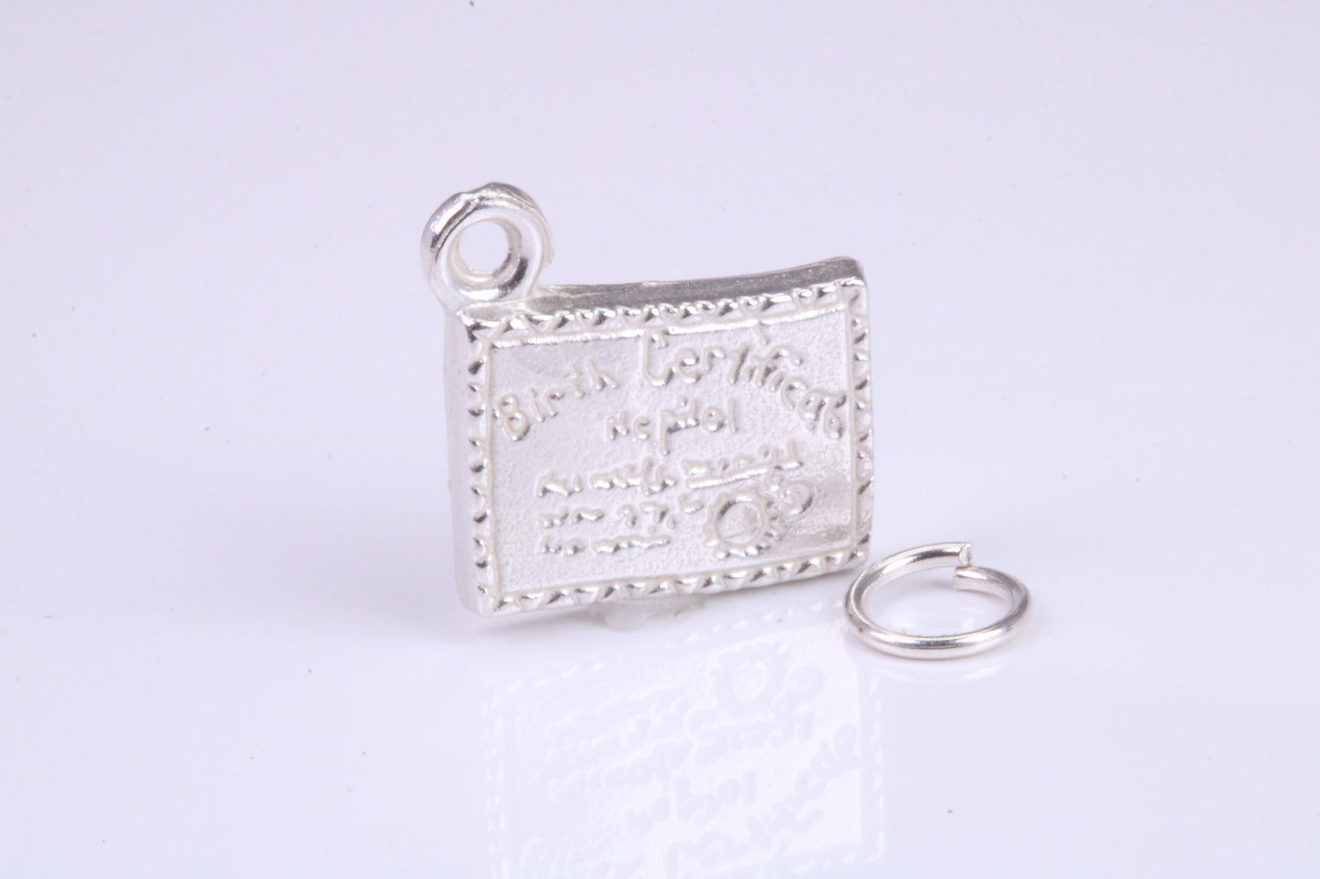 Birth Certificate Charm, Traditional Charm, Made from Solid 925 Grade Sterling Silver, Complete with Attachment Link