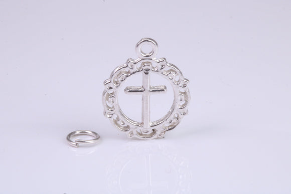 Cross In Wreath Charm, Traditional Charm, Made from Solid 925 Grade Sterling Silver, Complete with Attachment Link