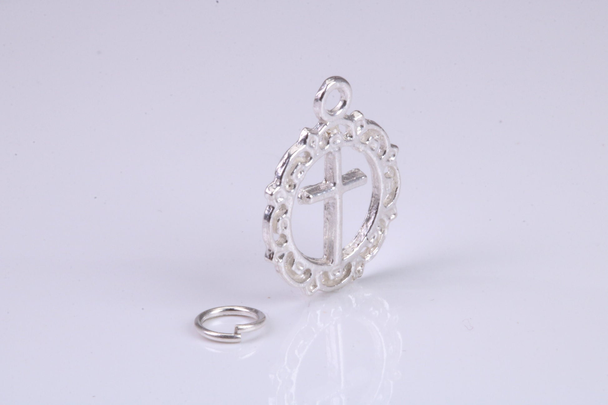 Cross In Wreath Charm, Traditional Charm, Made from Solid 925 Grade Sterling Silver, Complete with Attachment Link