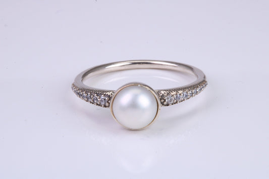 Natural 7 mm Round Pearl and Cubic Zirconia set Ring set in Solid Silver