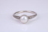 Natural 7 mm Round Pearl and Cubic Zirconia set Ring set in Solid Silver