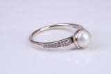 Natural 7 mm Round Pearl and Cubic Zirconia set Ring set in Solid Silver
