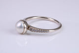 Natural 7 mm Round Pearl and Cubic Zirconia set Ring set in Solid Silver