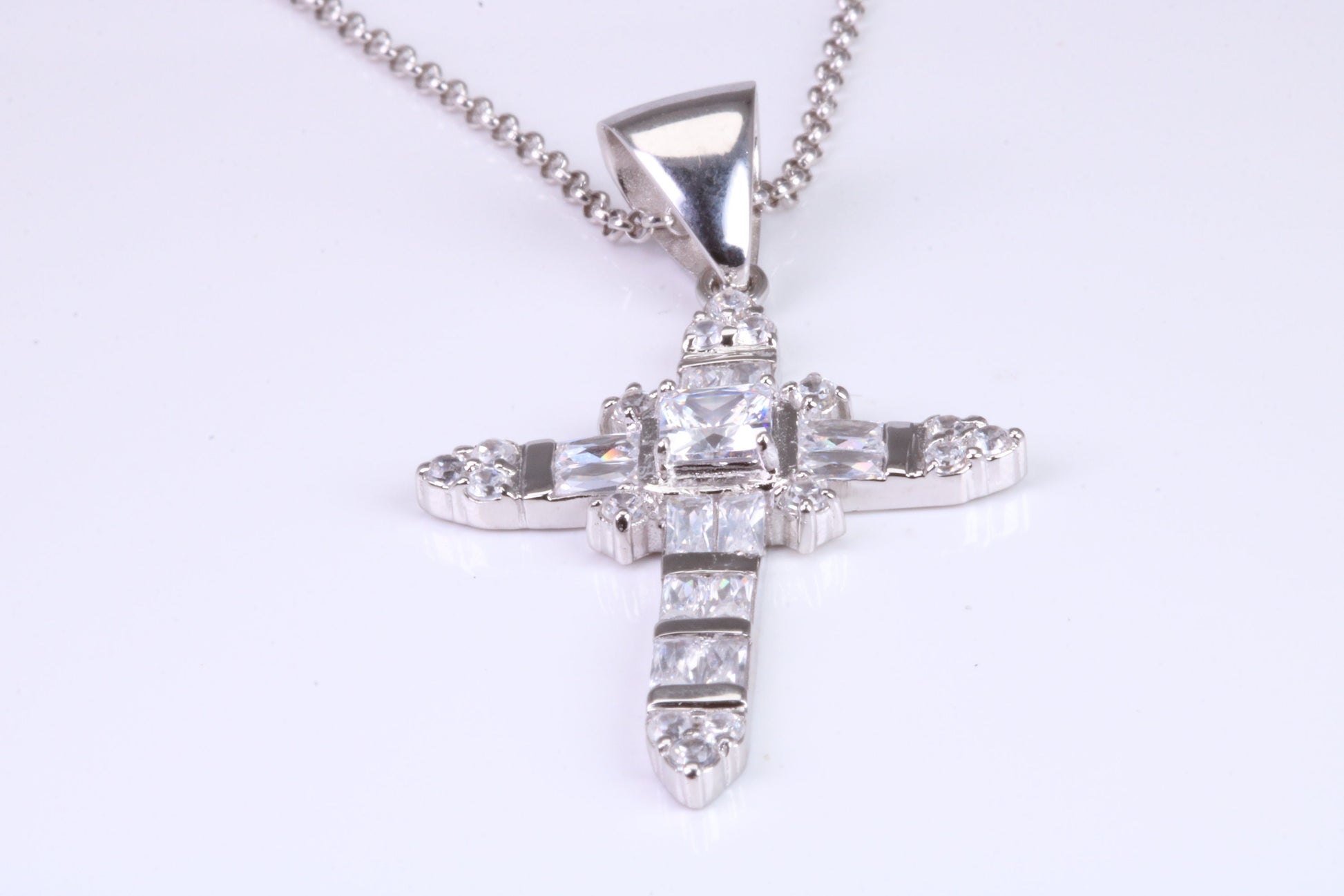 50 mm Long Cubic Zirconia set Cross Necklace, made from solid Sterling Silver, With 18 Inch Long Chain