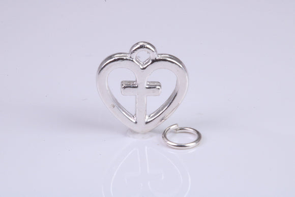 Cross In Love Heart Charm, Traditional Charm, Made from Solid 925 Grade Sterling Silver, Complete with Attachment Link