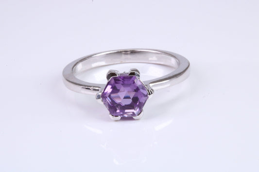 Hexagon cut Amethyst set Sterling Silver Ring, February Birthstone