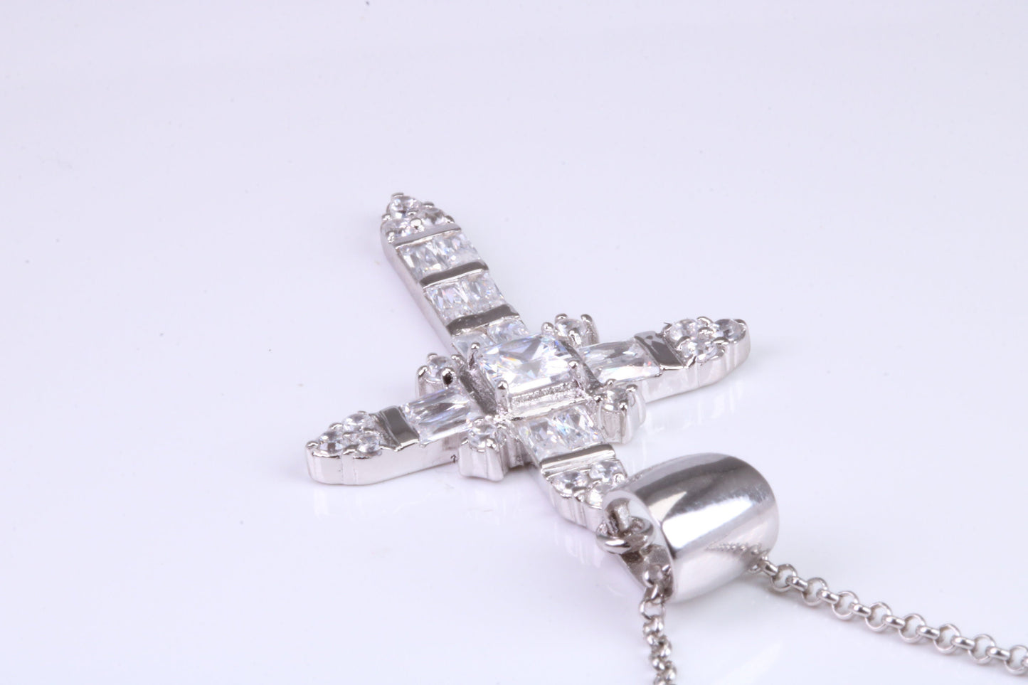 50 mm Long Cubic Zirconia set Cross Necklace, made from solid Sterling Silver, With 18 Inch Long Chain