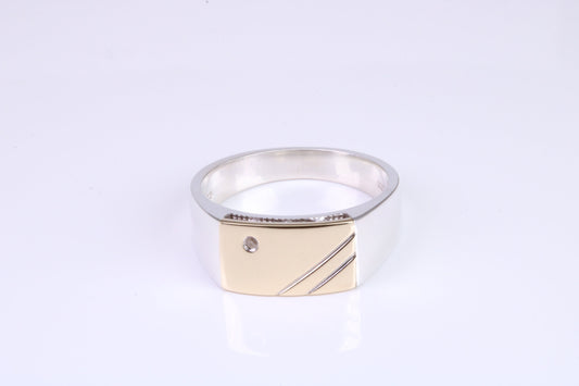 Gents Diamond set Signet Ring, Made from Yellow Gold and Silver, British Hallmarked