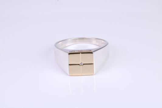 Gents Diamond set Signet Ring, Made from Yellow Gold and Silver, British Hallmarked