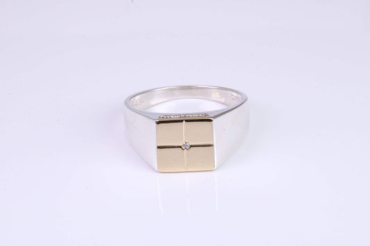 Gents Diamond set Signet Ring, Made from Yellow Gold and Silver, British Hallmarked