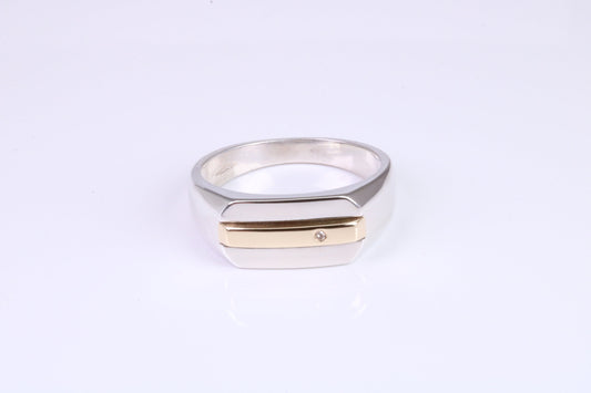 Gents Diamond set Signet Ring, Made from Yellow Gold and Silver, British Hallmarked