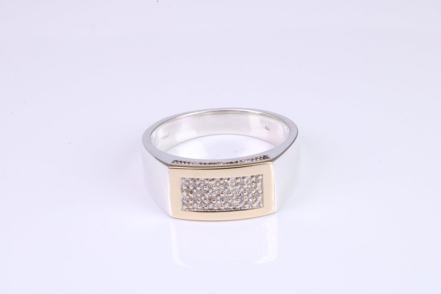 Gents Diamond Encrusted Signet Ring, Made from Yellow Gold and Silver, British Hallmarked