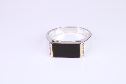 Gents Diamond and Black Onyx set Signet Ring, Made from Yellow Gold and Silver, British Hallmarked