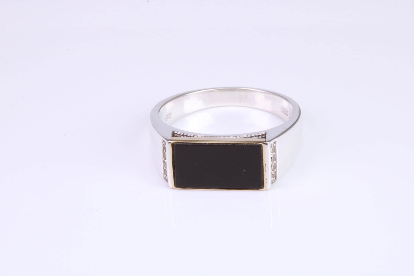 Gents Diamond and Black Onyx set Signet Ring, Made from Yellow Gold and Silver, British Hallmarked