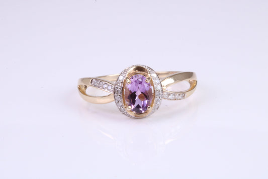 Amethyst and Diamonds set Yellow Gold ring, Natural oval cut Amethyst and natural Diamonds, British hallmarked