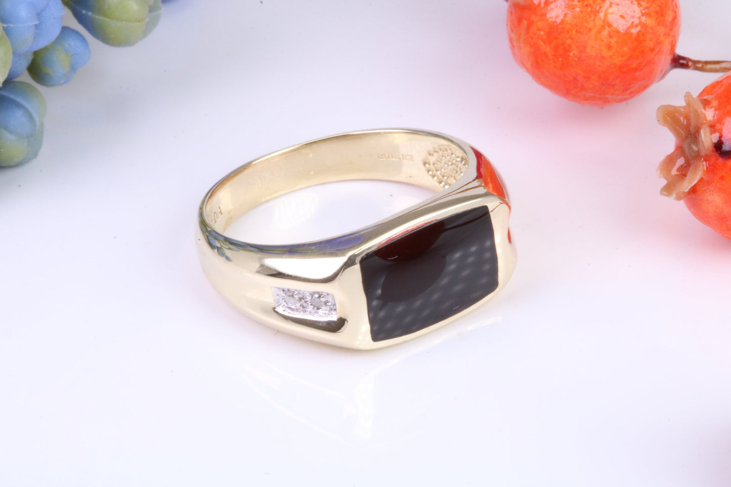 Gents Diamond and Black Onyx set Signet Ring, Made from Yellow Gold, British Hallmarked