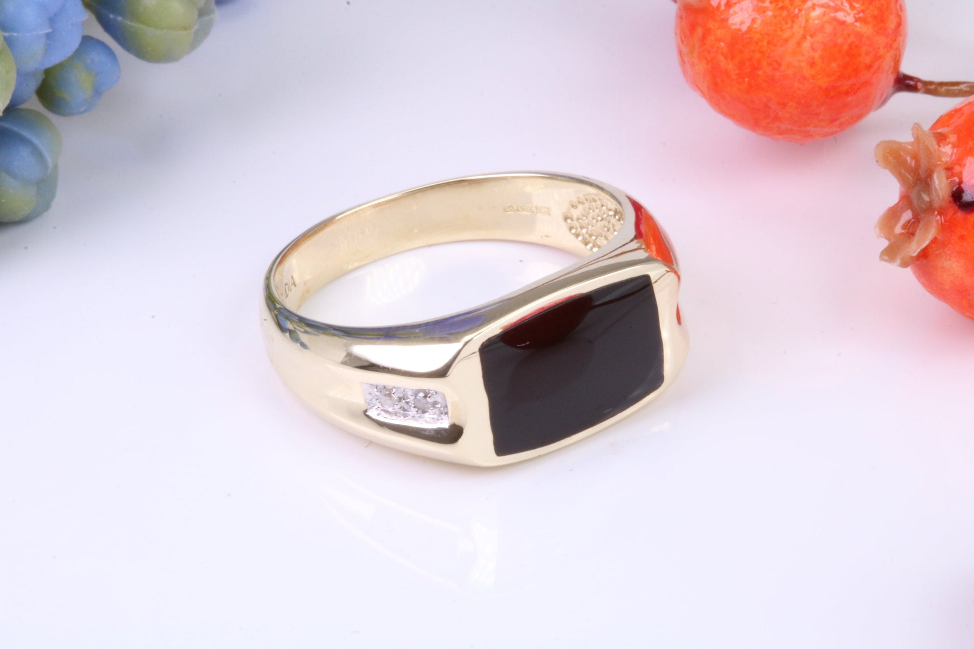 Gents Diamond and Black Onyx set Signet Ring, Made from Yellow Gold, British Hallmarked