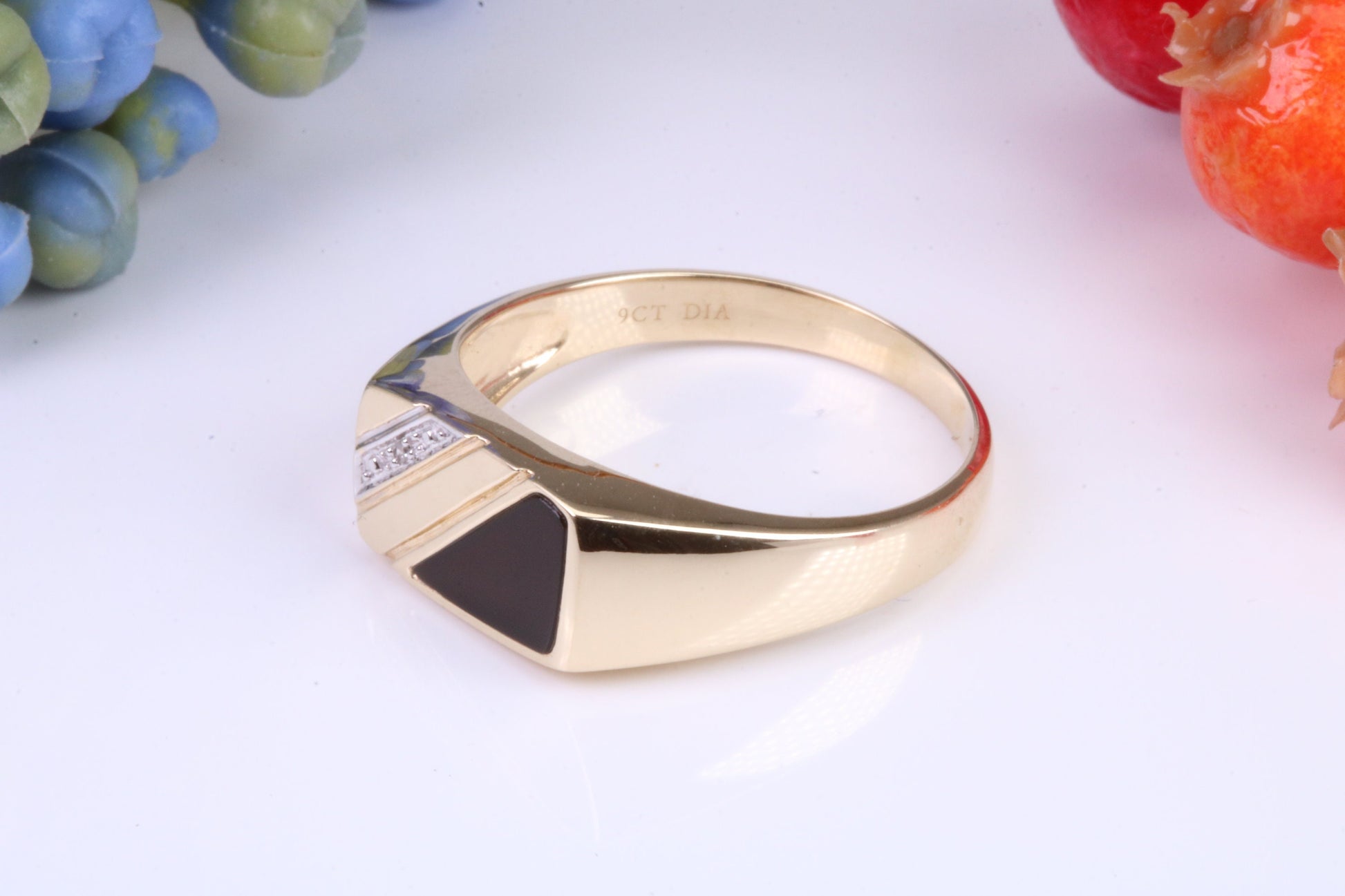 Gents Diamond and Black Onyx set Signet Ring, Made from Yellow Gold, British Hallmarked