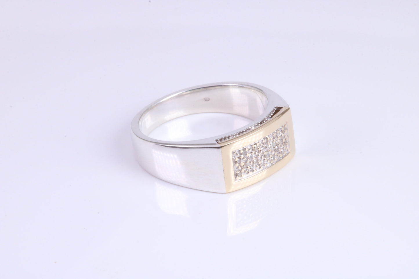 Gents Diamond Encrusted Signet Ring, Made from Yellow Gold and Silver, British Hallmarked