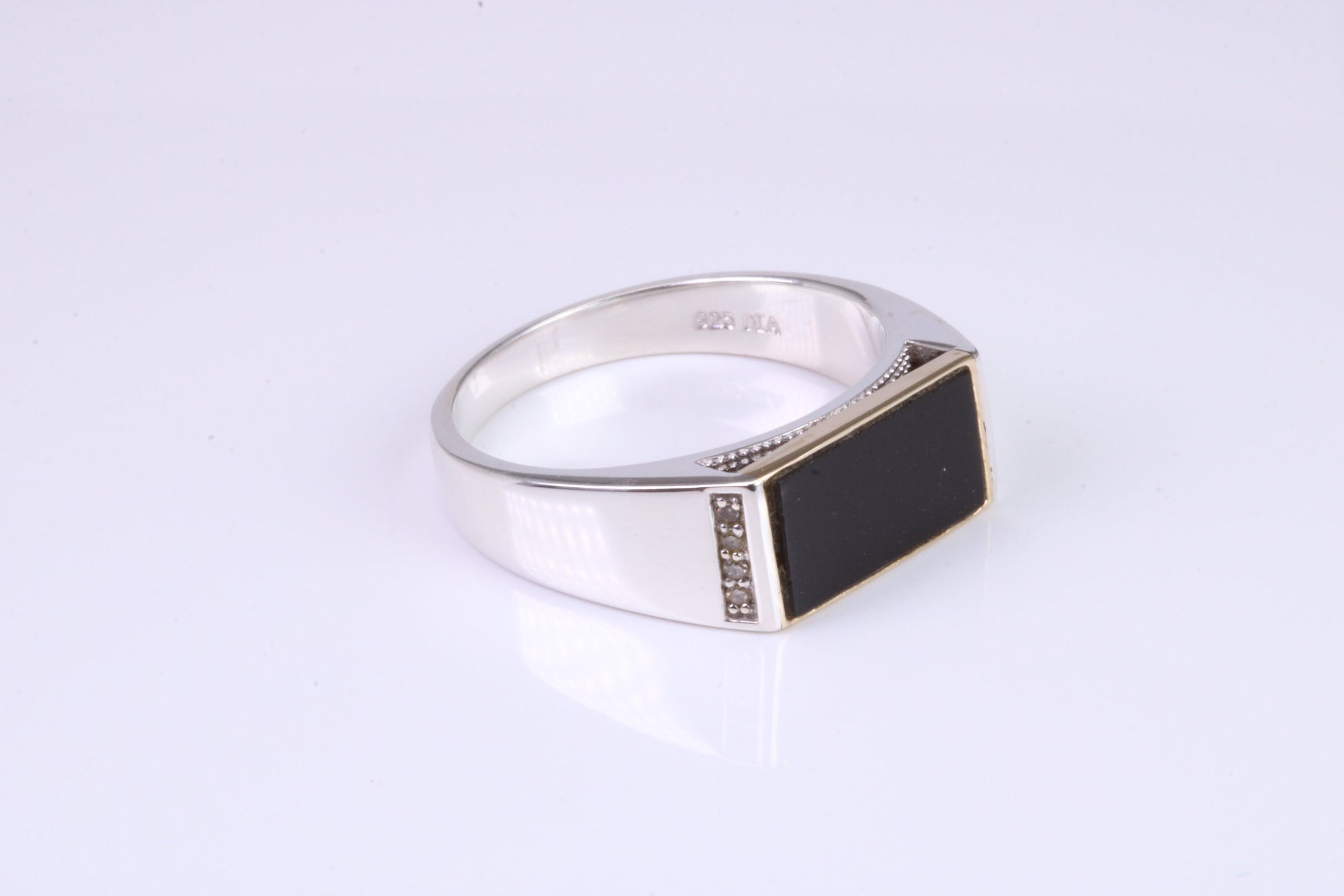 Gents Diamond and Black Onyx set Signet Ring, Made from Yellow Gold and Silver, British Hallmarked