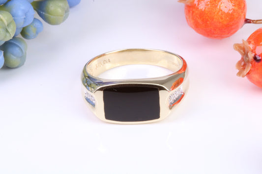 Gents Diamond and Black Onyx set Signet Ring, Made from Yellow Gold, British Hallmarked