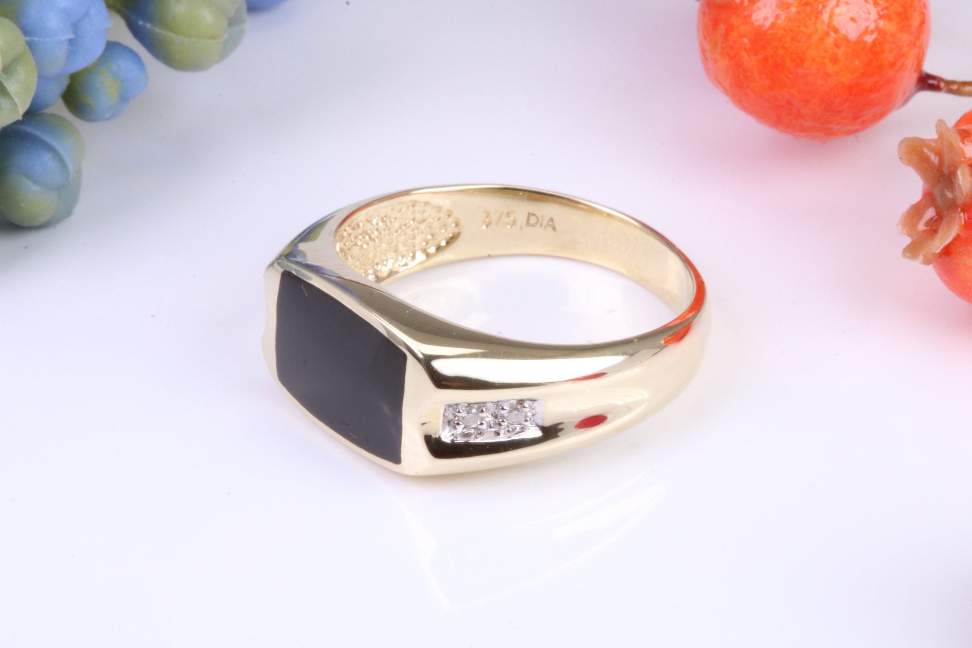 Gents Diamond and Black Onyx set Signet Ring, Made from Yellow Gold, British Hallmarked