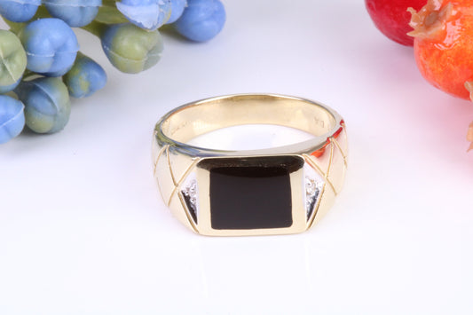 Gents Diamond and Black Onyx set Signet Ring, Made from Yellow Gold, British Hallmarked