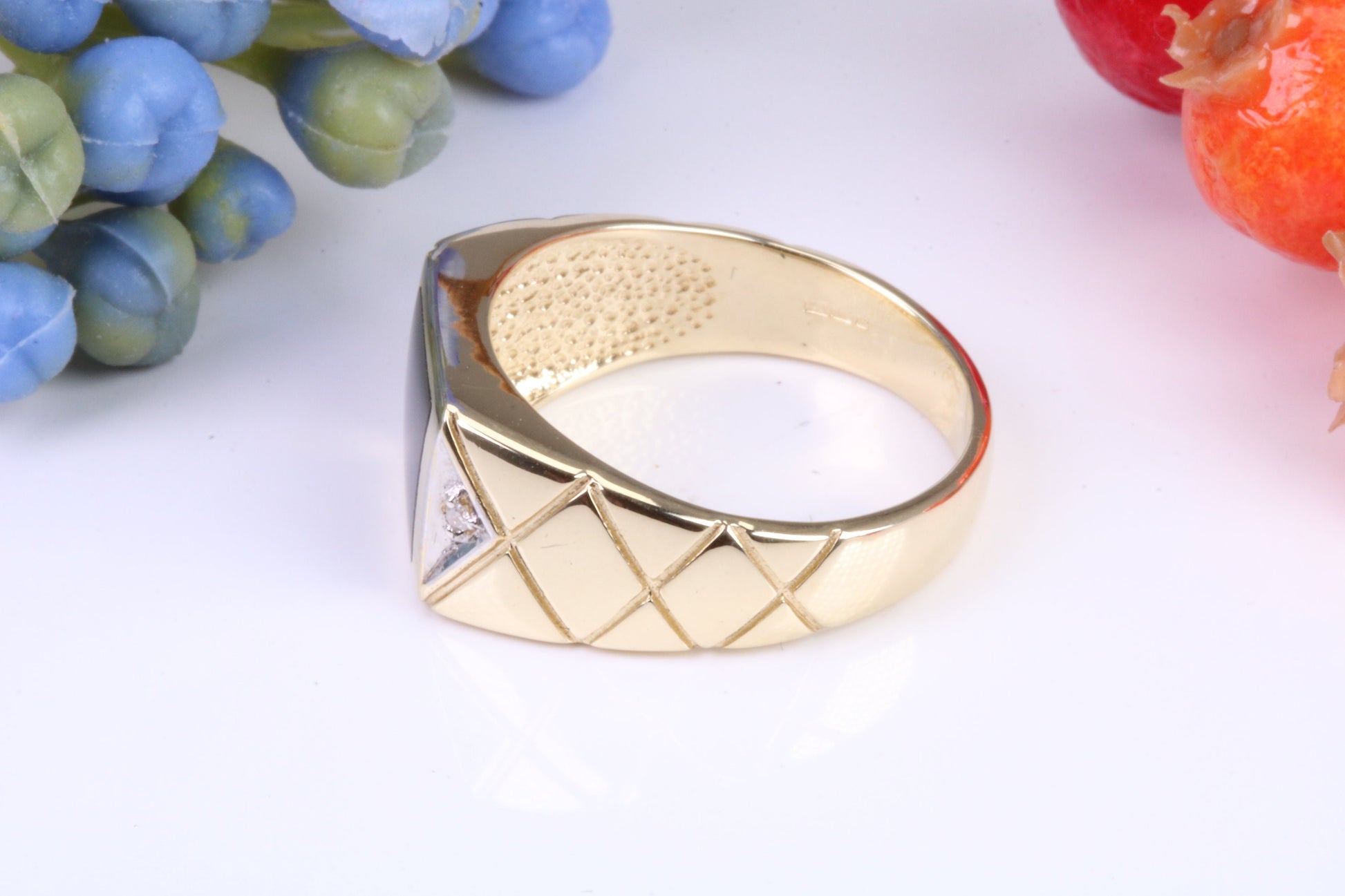 Gents Diamond and Black Onyx set Signet Ring, Made from Yellow Gold, British Hallmarked