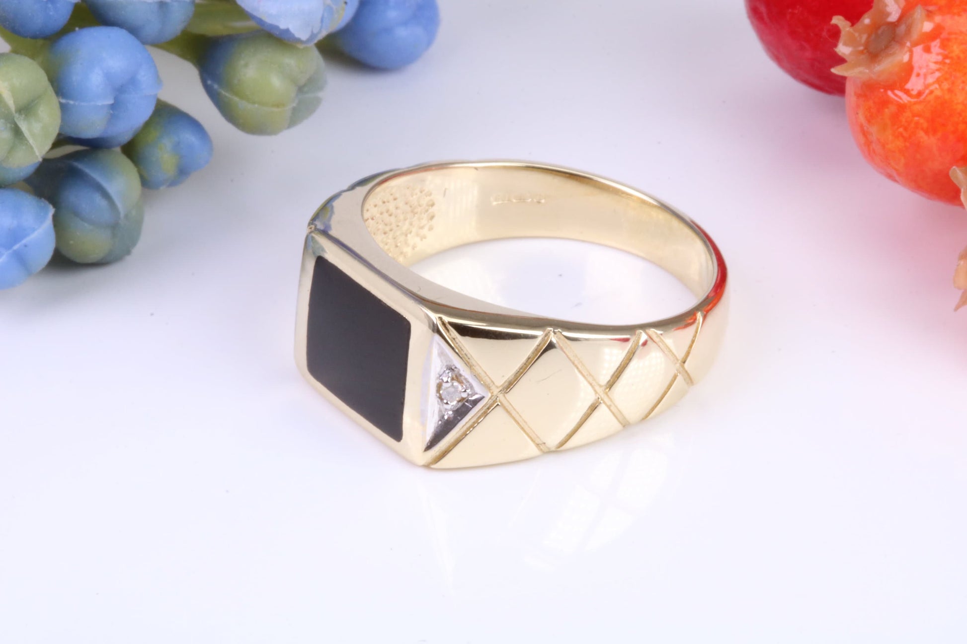 Gents Diamond and Black Onyx set Signet Ring, Made from Yellow Gold, British Hallmarked