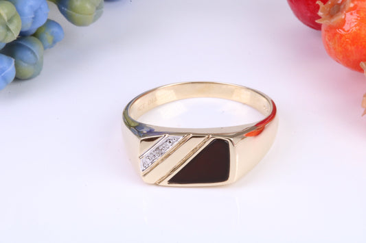 Gents Diamond and Black Onyx set Signet Ring, Made from Yellow Gold, British Hallmarked