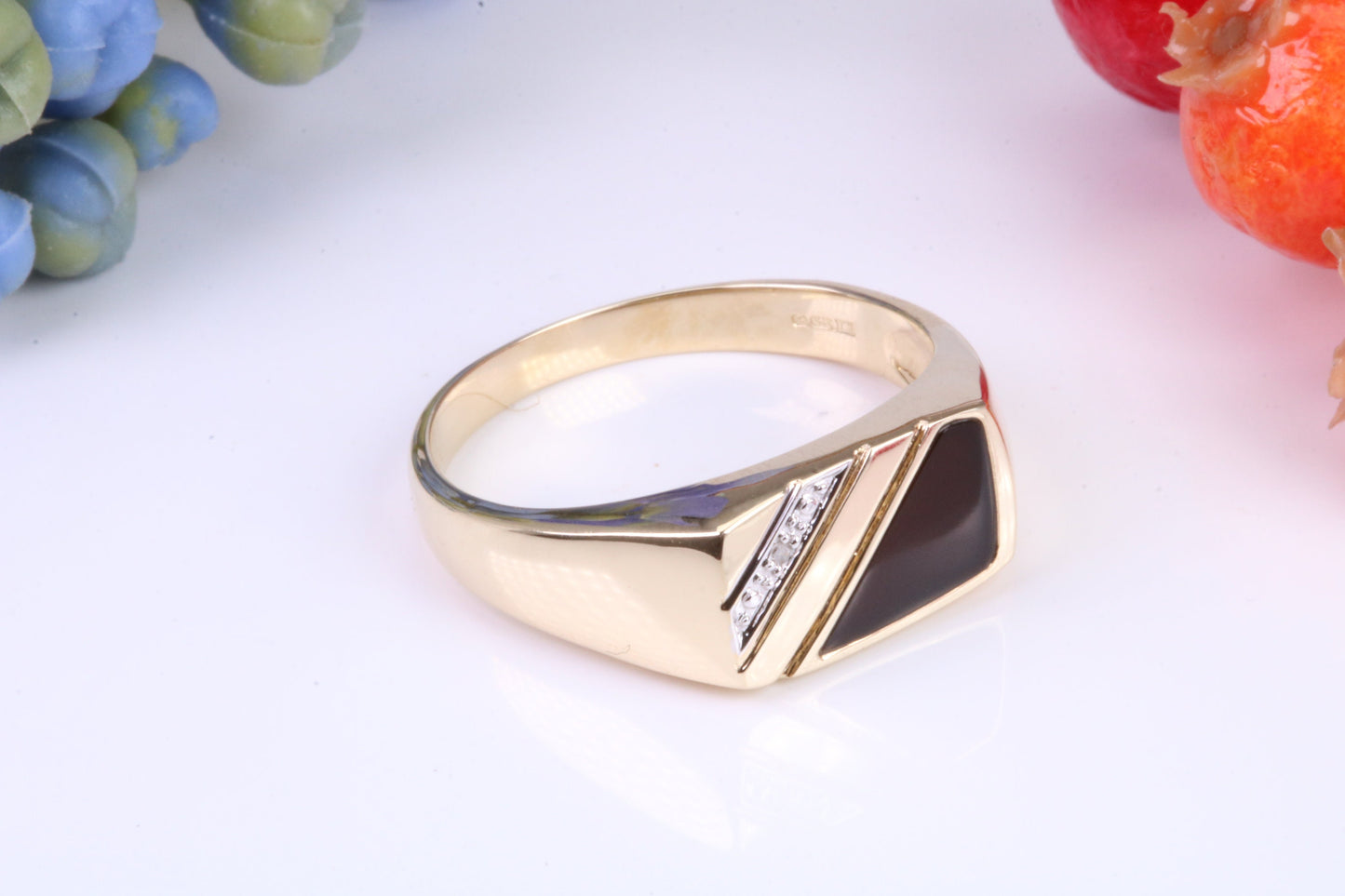 Gents Diamond and Black Onyx set Signet Ring, Made from Yellow Gold, British Hallmarked