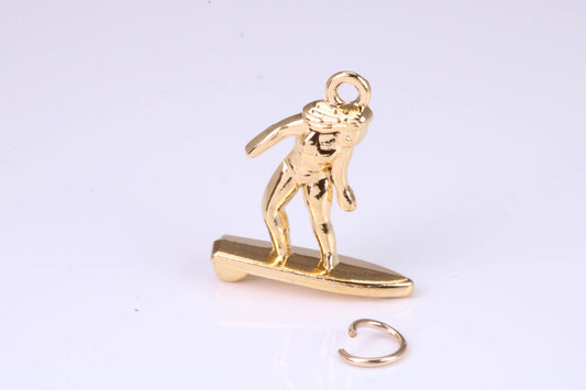 Surfing Girl Charm, Traditional Charm, Made from Solid Yellow Gold, British Hallmarked, Complete with Attachment Link