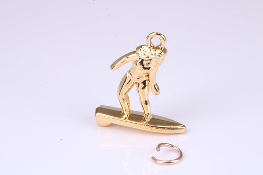 Surfing Girl Charm, Traditional Charm, Made from Solid Yellow Gold, British Hallmarked, Complete with Attachment Link