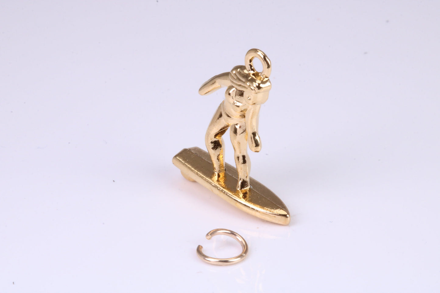 Surfing Girl Charm, Traditional Charm, Made from Solid Yellow Gold, British Hallmarked, Complete with Attachment Link