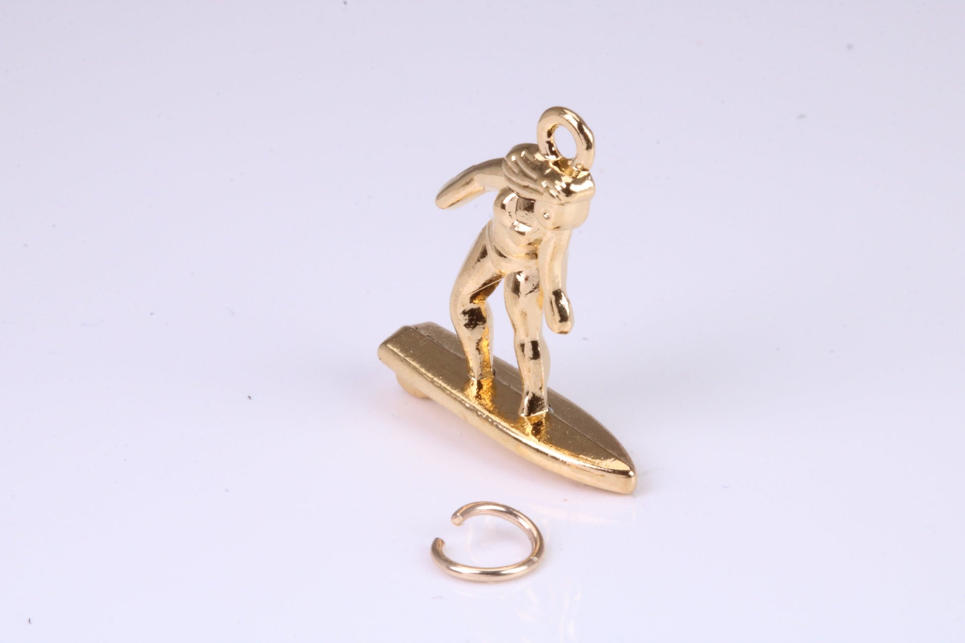 Surfing Girl Charm, Traditional Charm, Made from Solid Yellow Gold, British Hallmarked, Complete with Attachment Link