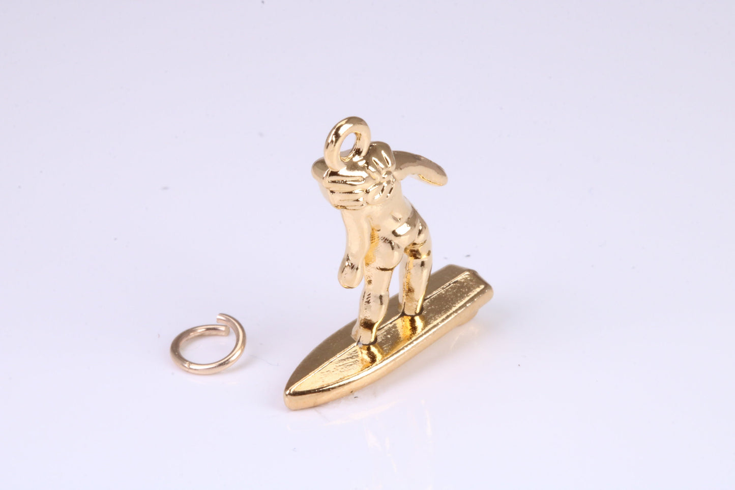 Surfing Girl Charm, Traditional Charm, Made from Solid Yellow Gold, British Hallmarked, Complete with Attachment Link