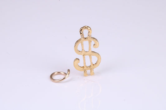 Dollar Sign Charm, Traditional Charm, Made from Solid Yellow Gold, British Hallmarked, Complete with Attachment Link